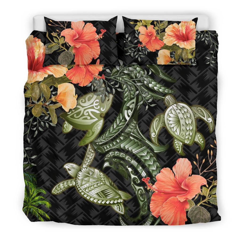 Three Turtle Bedding Set Polynesian Hibiscus Duvet Cover And Pillow Case - Vibe Hoodie Shop