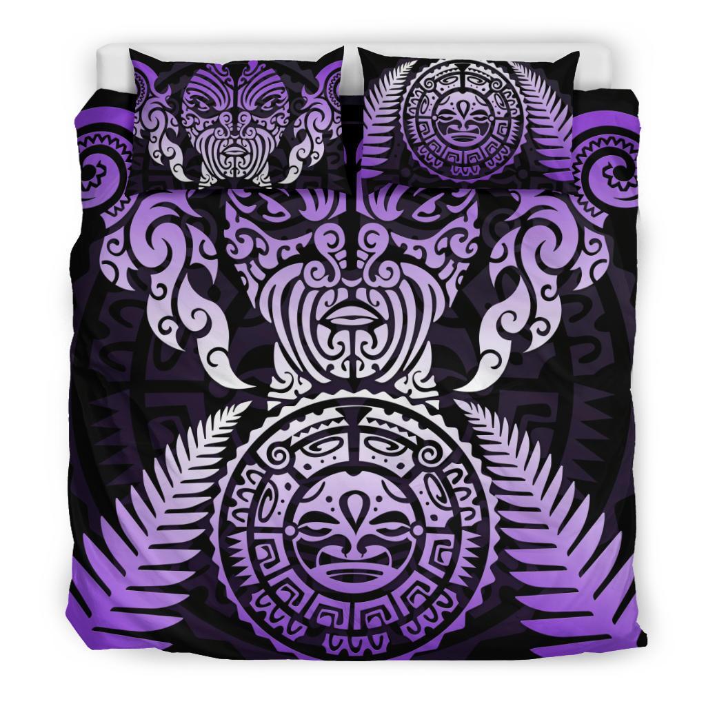 Maori Face Fern New Zealand Bedding Set Purple - Vibe Hoodie Shop