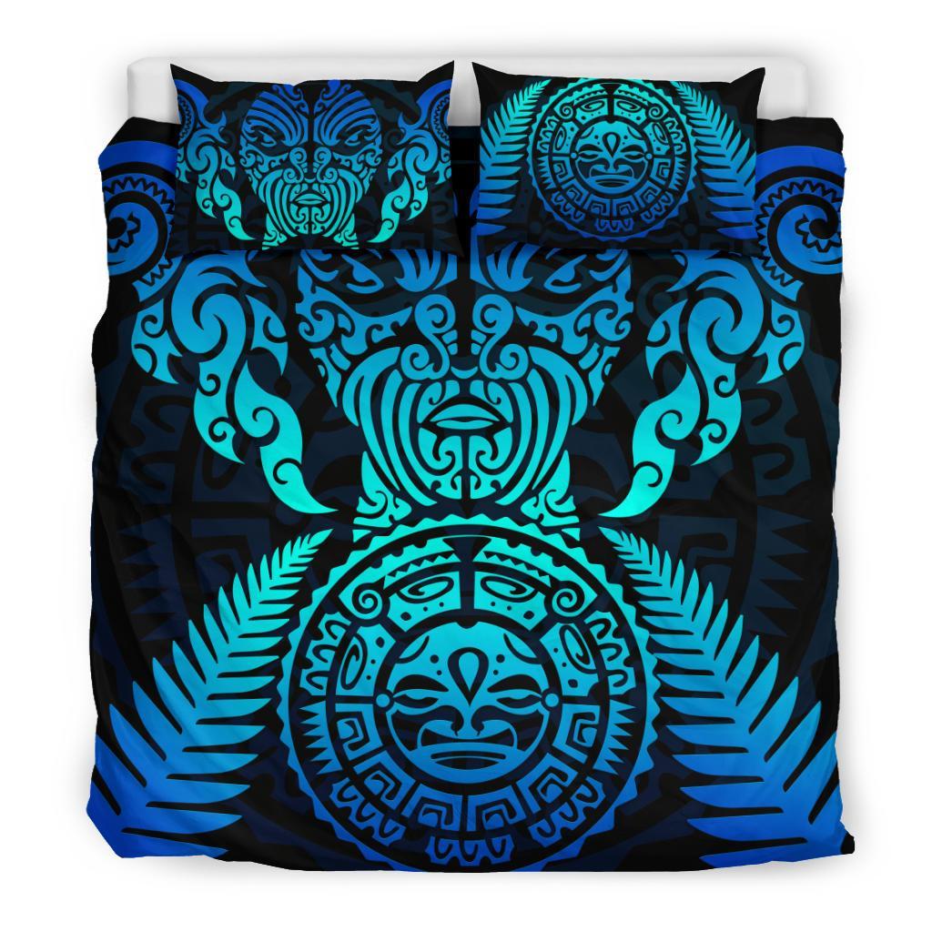 Maori Face Fern New Zealand Bedding Set Blue - Vibe Hoodie Shop