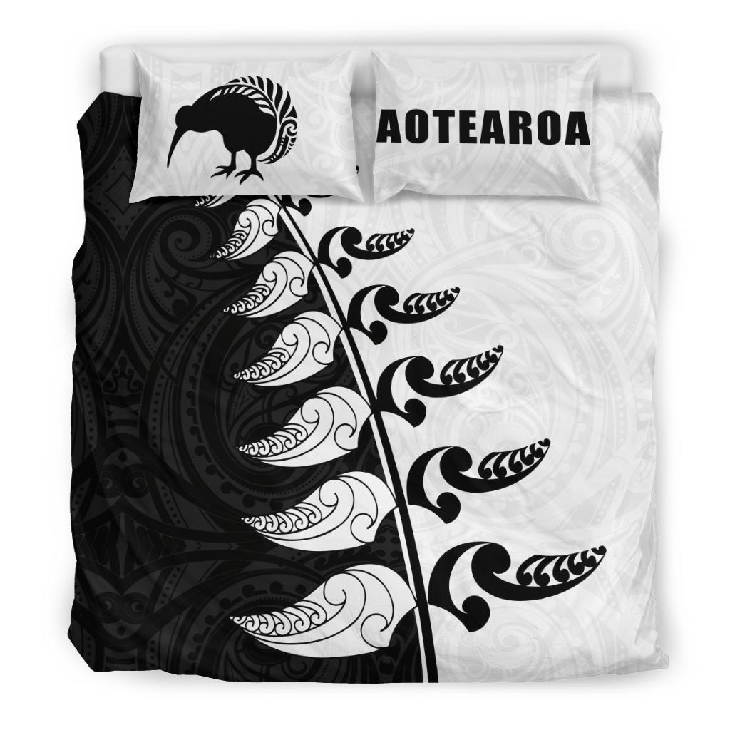 Aotearoa Koru Fern Kiwi New Zealand Bedding Set Black White - Vibe Hoodie Shop