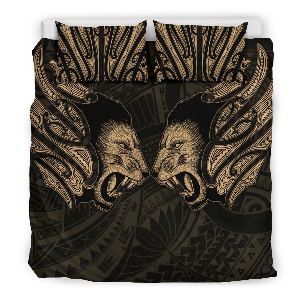 Double Lion Maori Tattoo Bedding Set New Zealand - Gold - Vibe Hoodie Shop