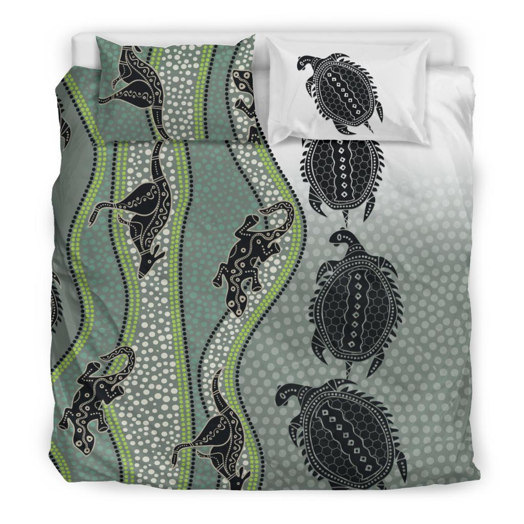 Bedding Set - Aboriginal with Kangaroo, Lizard, Turtle and Dotted Crooked Stripes Pattern - Vibe Hoodie Shop