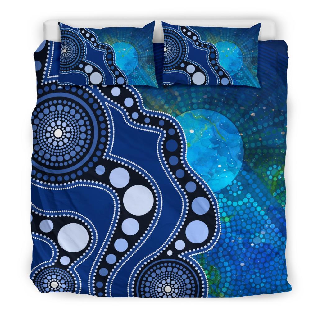 Aboriginal Bedding Set - Australia Indigenous Flag Circle Dot Painting Art (Blue) - Vibe Hoodie Shop