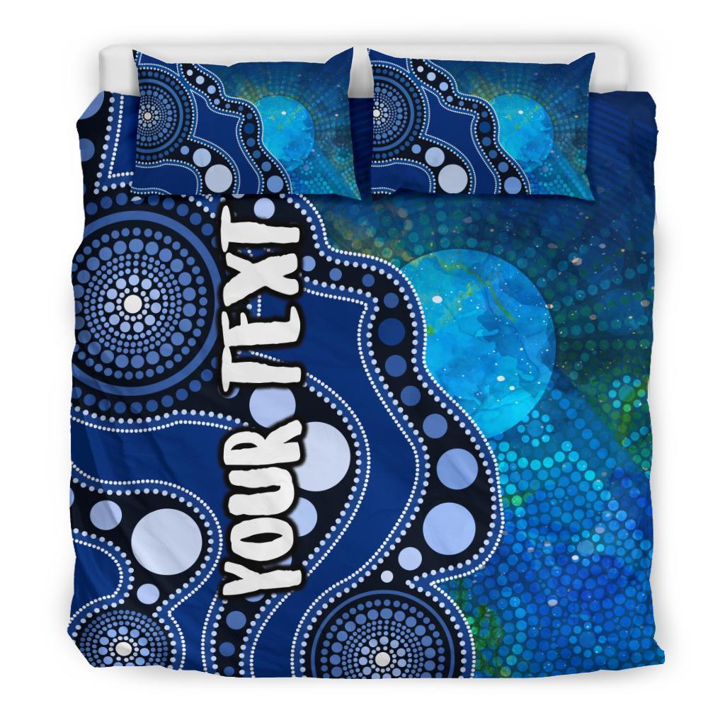 Custom Text Aboriginal Bedding Set - Australia Indigenous Flag Circle Dot Painting Art (Blue) - Vibe Hoodie Shop