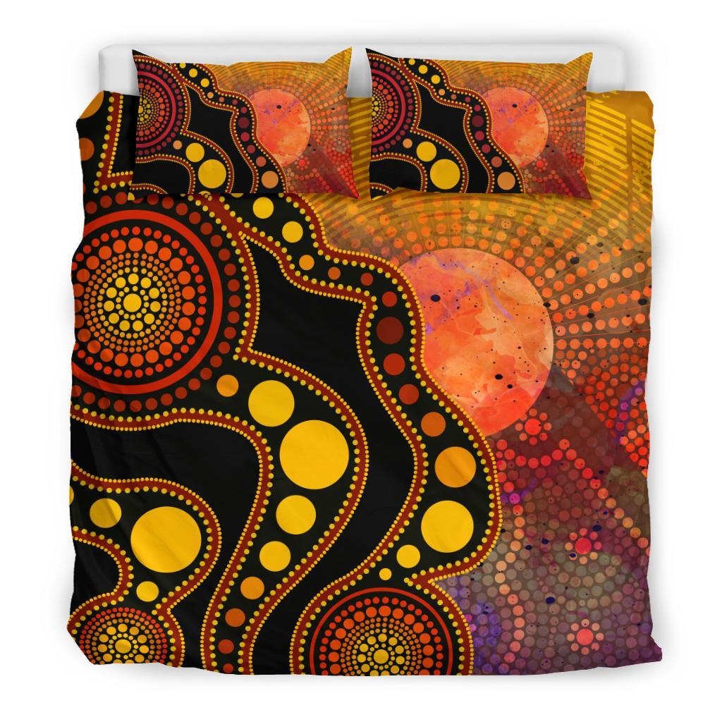 Aboriginal Bedding Set - Australia Indigenous Flag Circle Dot Painting Art (Golden) - Vibe Hoodie Shop