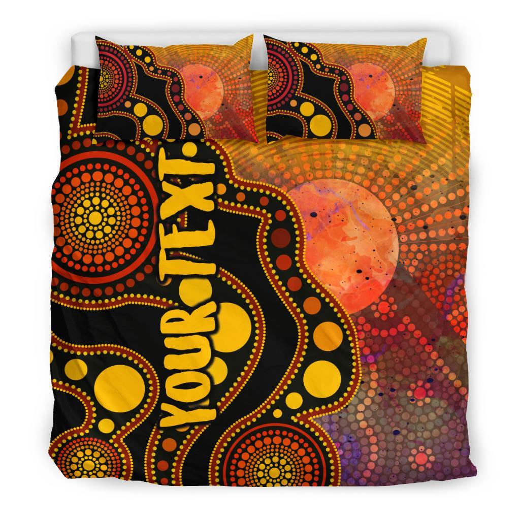 Custom Text Aboriginal Bedding Set - Australia Indigenous Flag Circle Dot Painting Art (Golden) - Vibe Hoodie Shop