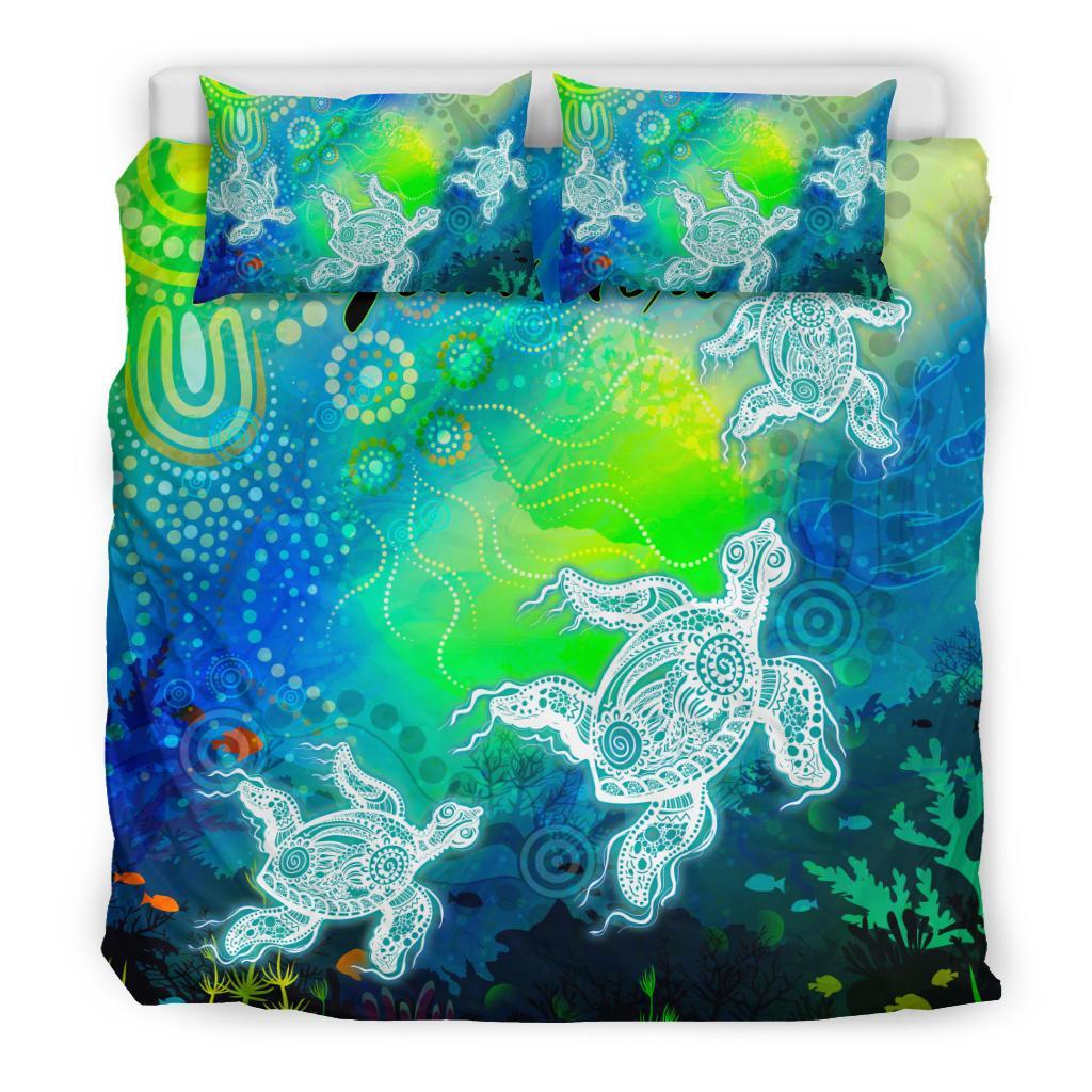 Custom Text Aboriginal Bedding Set - Indigenous Turtle Ocean Dot Painting Art - Vibe Hoodie Shop