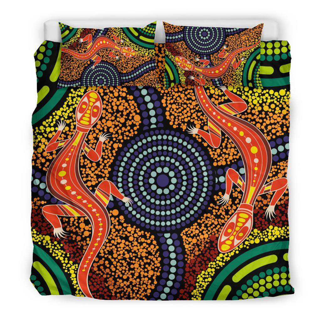 1st Australia Bedding Set - Aboriginal Two Lizards Dot Painting Circle - Vibe Hoodie Shop