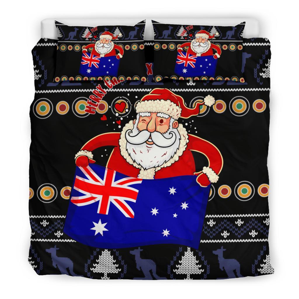 Christmas Personalised Bedding Set - Australia Santa Claus Hold The Flag (Black) - Vibe Hoodie Shop