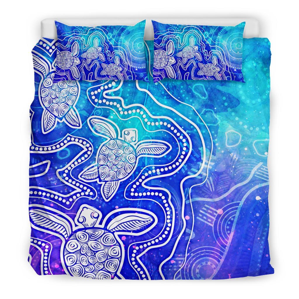 Aboriginal Bedding Set - Sea Turtle With Indigenous Patterns (Blue) - Vibe Hoodie Shop