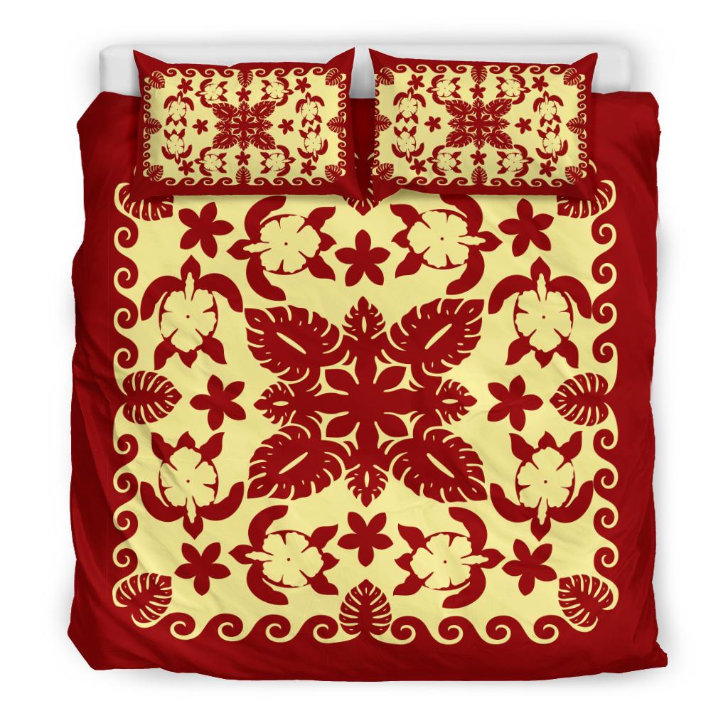 Turtle with Hibiscus Royal Red Bedding Set Palm Leaf - Vibe Hoodie Shop