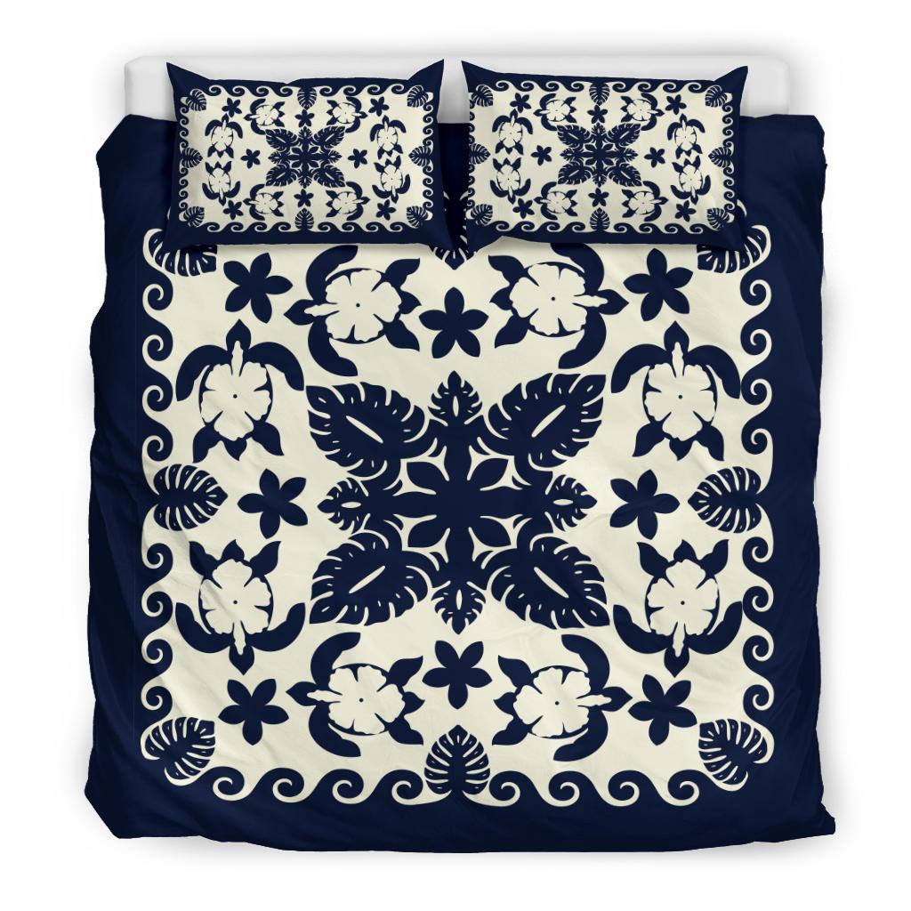 Turtle with Hibiscus Royal Navy Bedding Set Palm Leaf - Vibe Hoodie Shop