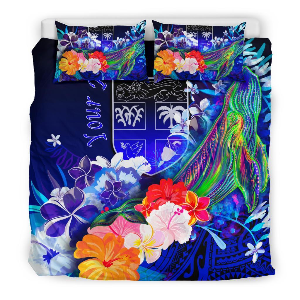 Fiji Custom Personalised Bedding Set - Humpback Whale with Tropical Flowers (Blue) - Vibe Hoodie Shop
