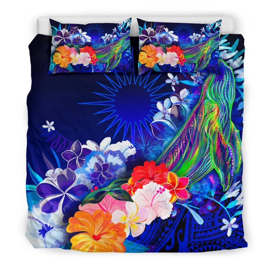 Marshall Islands Bedding Set - Humpback Whale with Tropical Flowers (Blue) - Vibe Hoodie Shop
