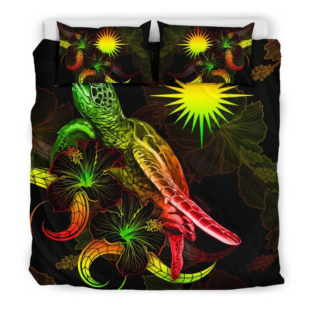 Marshall Islands Polynesian Bedding Set - Turtle With Blooming Hibiscus Reggae - Vibe Hoodie Shop