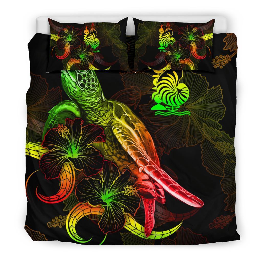 New Caledonia Polynesian Bedding Set - Turtle With Blooming Hibiscus Reggae - Vibe Hoodie Shop