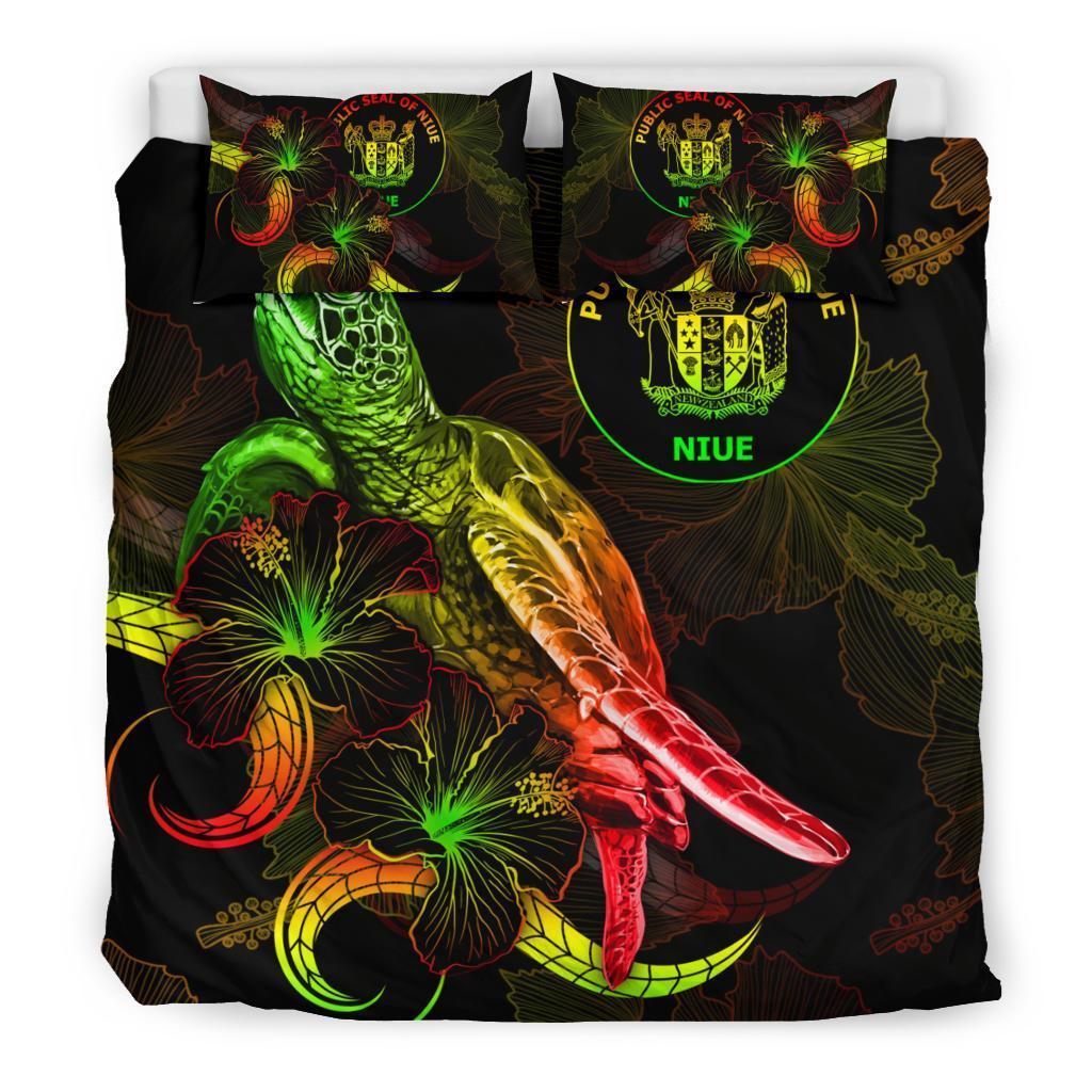 Niue Polynesian Bedding Set - Turtle With Blooming Hibiscus Reggae - Vibe Hoodie Shop