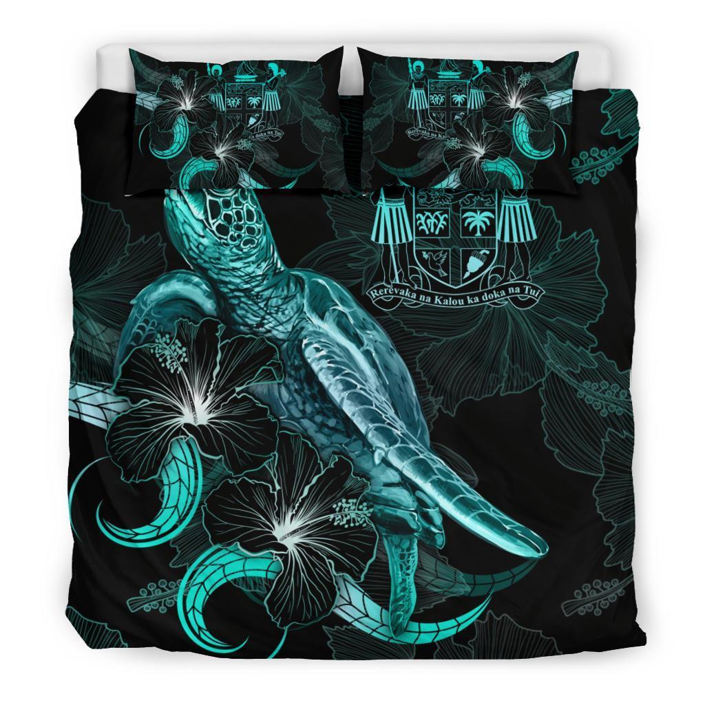 Fiji Polynesian Bedding Set - Turtle With Blooming Hibiscus Turquoise - Vibe Hoodie Shop