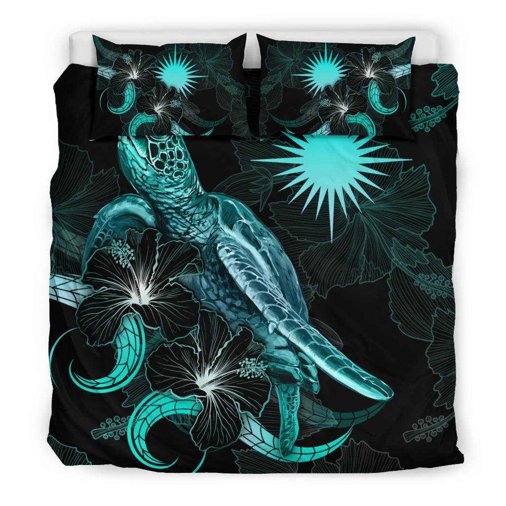 Marshall Islands Polynesian Bedding Set - Turtle With Blooming Hibiscus Turquoise - Vibe Hoodie Shop