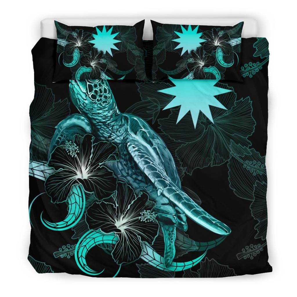 Nauru Polynesian Bedding Set - Turtle With Blooming Hibiscus Turquoise - Vibe Hoodie Shop