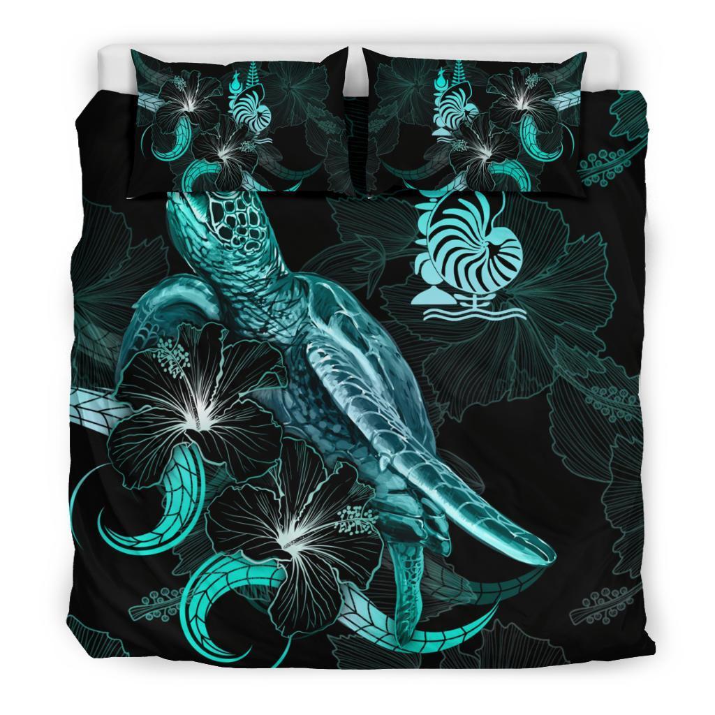 New Caledonia Polynesian Bedding Set - Turtle With Blooming Hibiscus Turquoise - Vibe Hoodie Shop