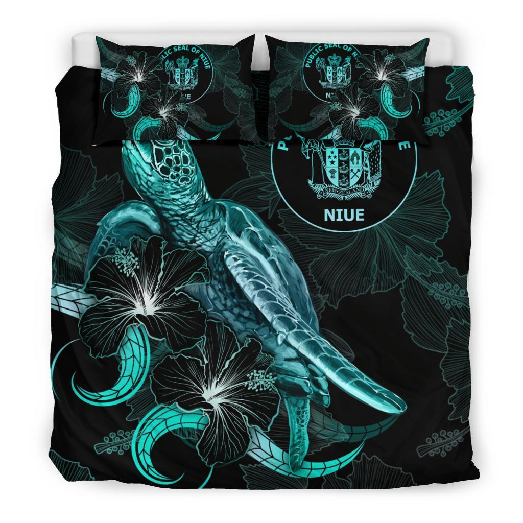 Niue Polynesian Bedding Set - Turtle With Blooming Hibiscus Turquoise - Vibe Hoodie Shop