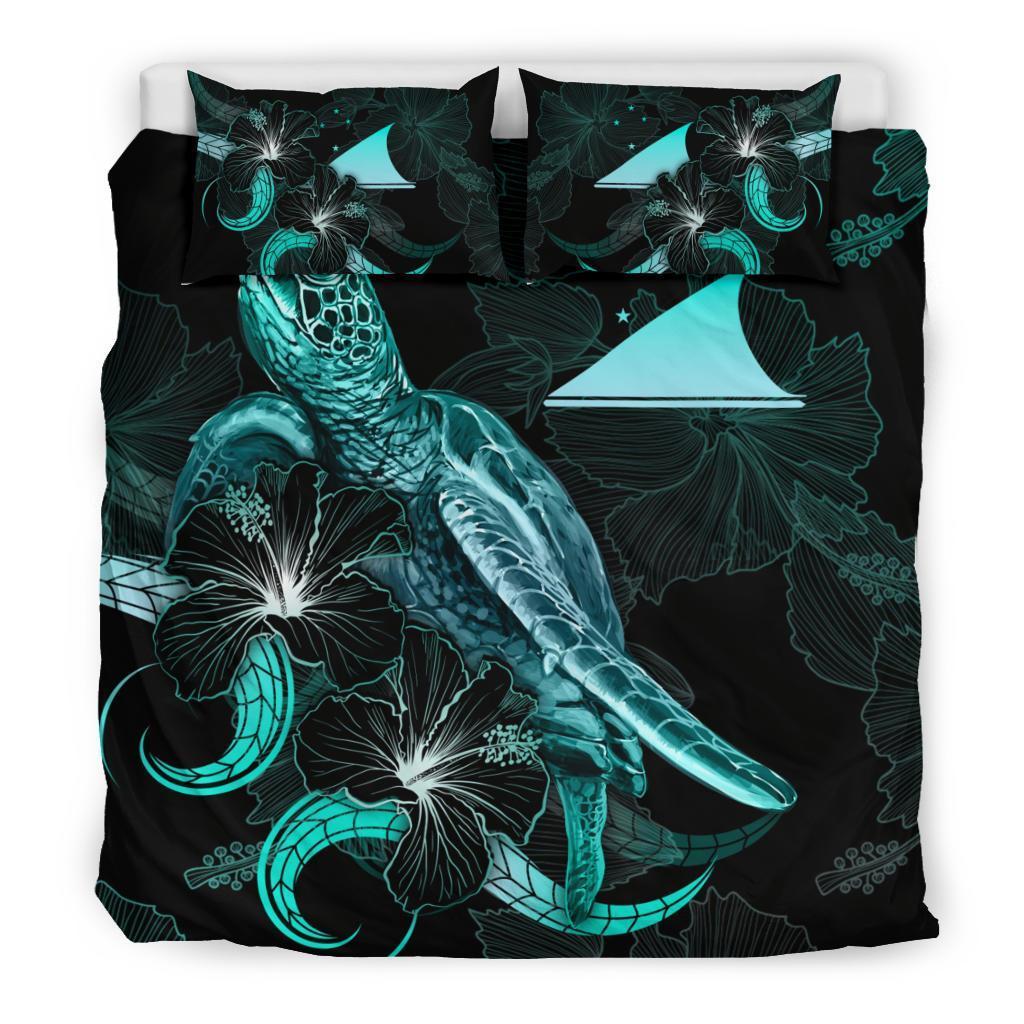 Tokelau Polynesian Bedding Set - Turtle With Blooming Hibiscus Turquoise - Vibe Hoodie Shop