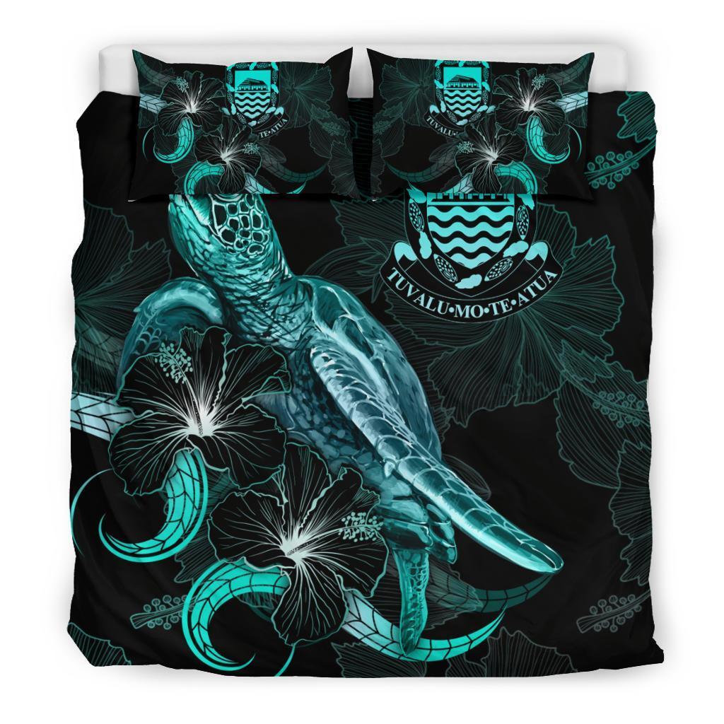 Tuvalu Polynesian Bedding Set - Turtle With Blooming Hibiscus Turquoise - Vibe Hoodie Shop