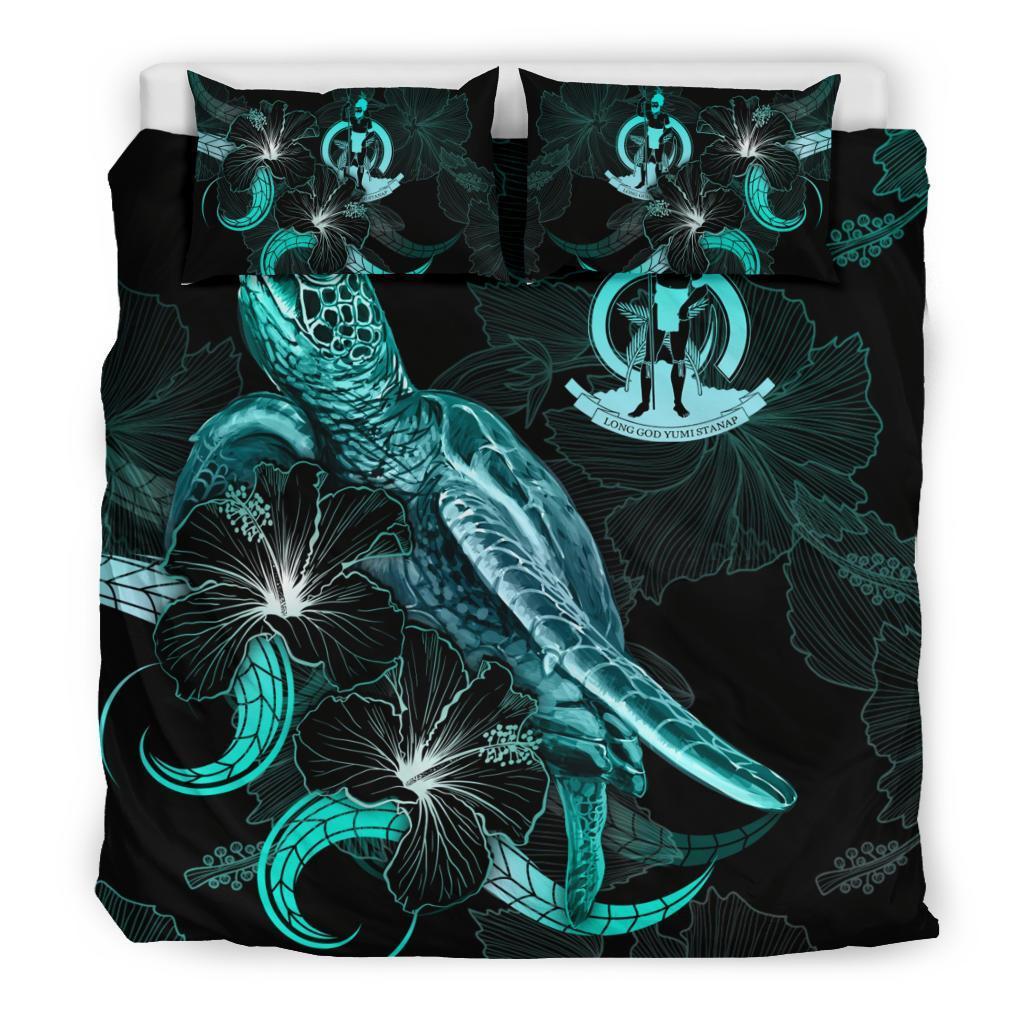 Vanuatu Polynesian Bedding Set - Turtle With Blooming Hibiscus Turquoise - Vibe Hoodie Shop