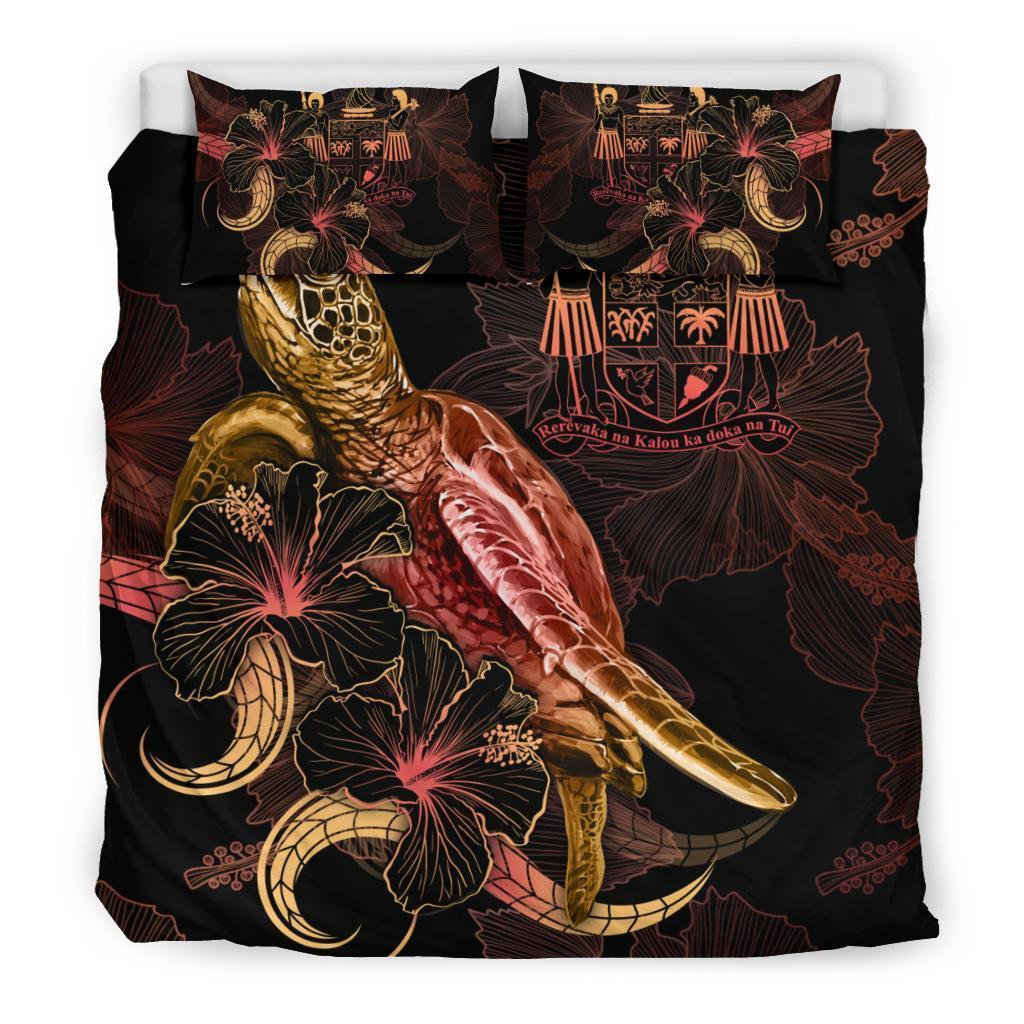 FiJi Polynesian Bedding Set - Turtle With Blooming Hibiscus Gold - Vibe Hoodie Shop