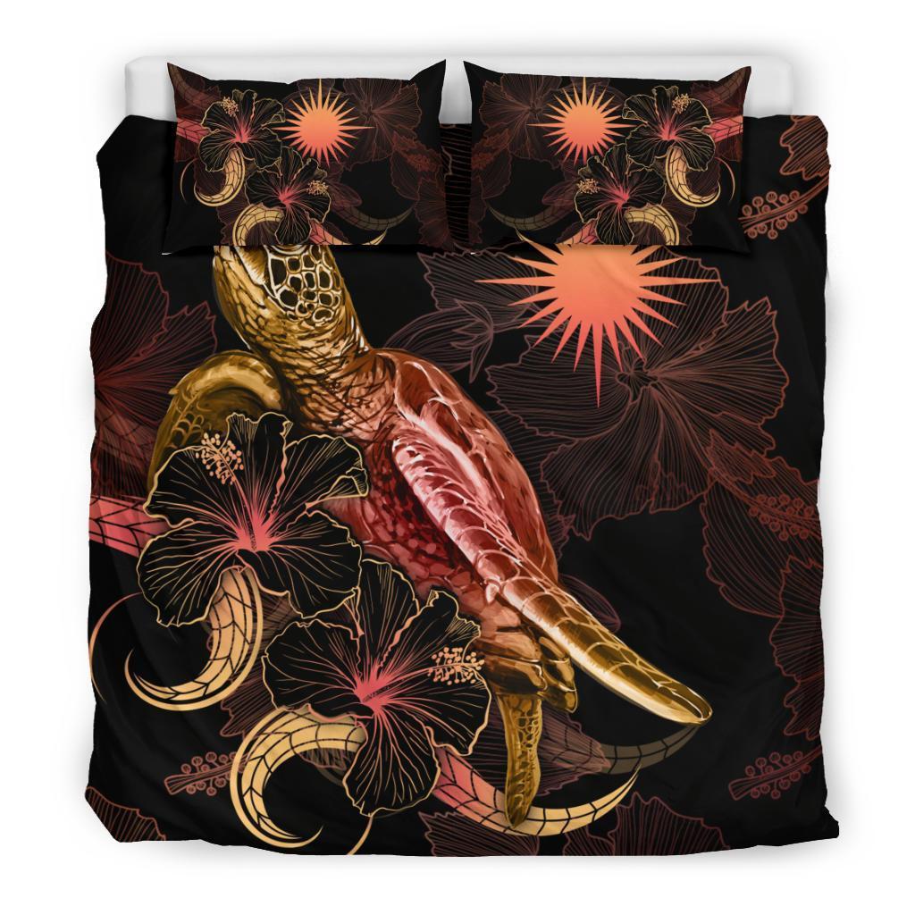 Nauru Polynesian Bedding Set - Turtle With Blooming Hibiscus Gold - Vibe Hoodie Shop