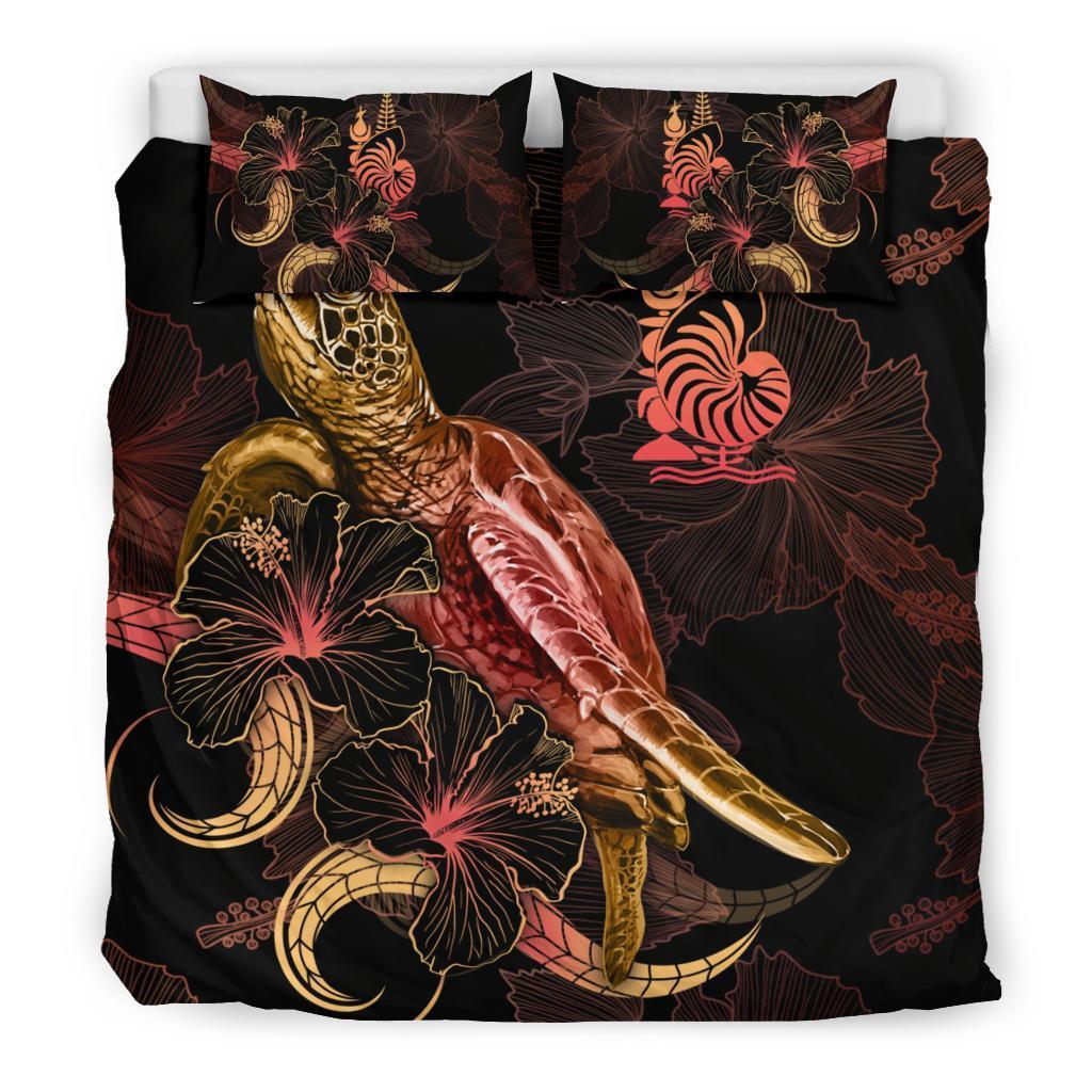New Caledonia Polynesian Bedding Set - Turtle With Blooming Hibiscus Gold - Vibe Hoodie Shop