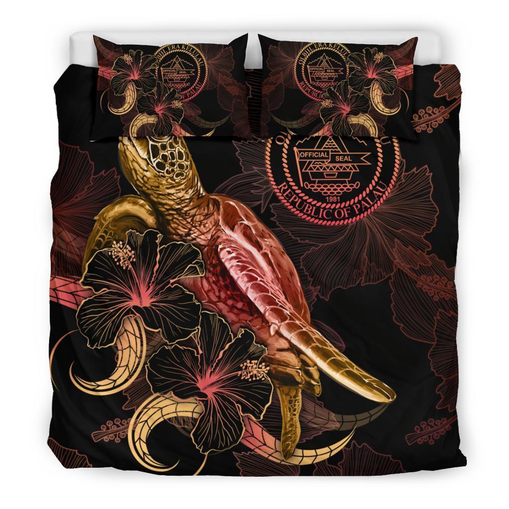 Palau Polynesian Bedding Set - Turtle With Blooming Hibiscus Gold - Vibe Hoodie Shop