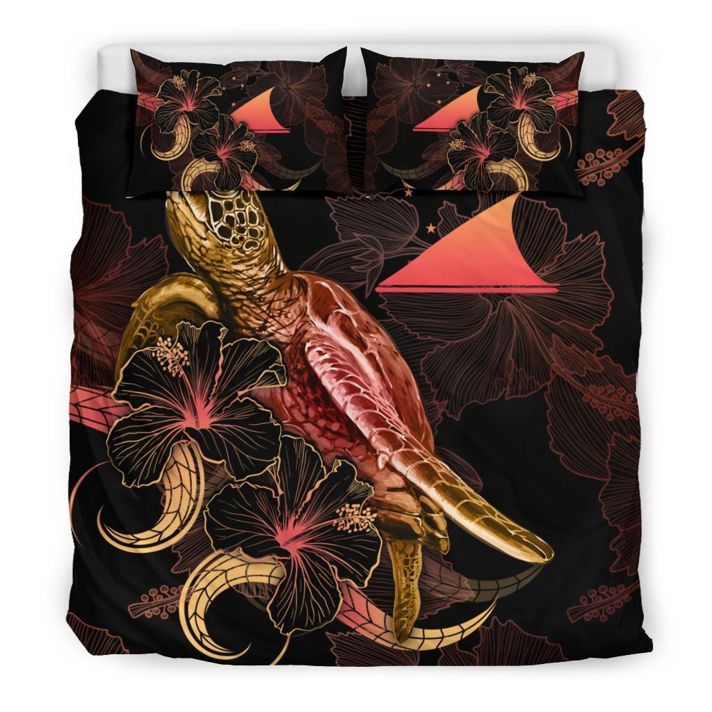 Tokelau Polynesian Bedding Set - Turtle With Blooming Hibiscus Gold - Vibe Hoodie Shop