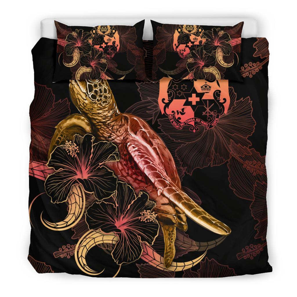 Tuvalu Polynesian Bedding Set - Turtle With Blooming Hibiscus Gold - Vibe Hoodie Shop