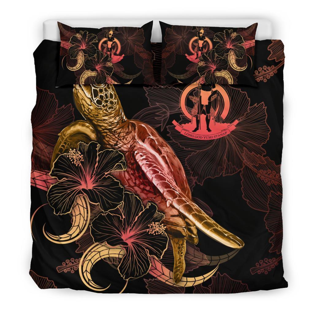 Vanuatu Polynesian Bedding Set - Turtle With Blooming Hibiscus Gold - Vibe Hoodie Shop