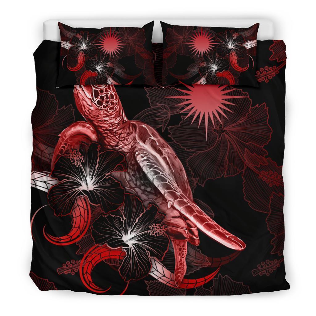Marshall Islands Polynesian Bedding Set - Turtle With Blooming Hibiscus Red - Vibe Hoodie Shop