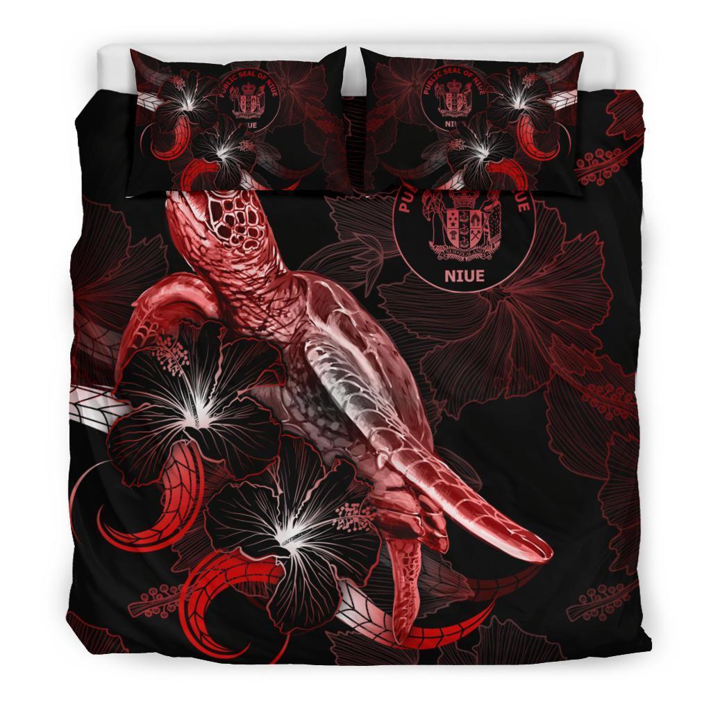 Niue Polynesian Bedding Set - Turtle With Blooming Hibiscus Red - Vibe Hoodie Shop