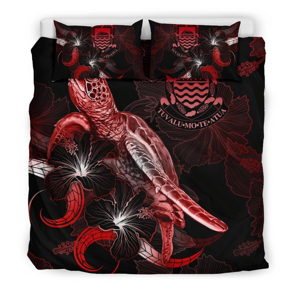 Tuvalu Polynesian Bedding Set - Turtle With Blooming Hibiscus Red - Vibe Hoodie Shop