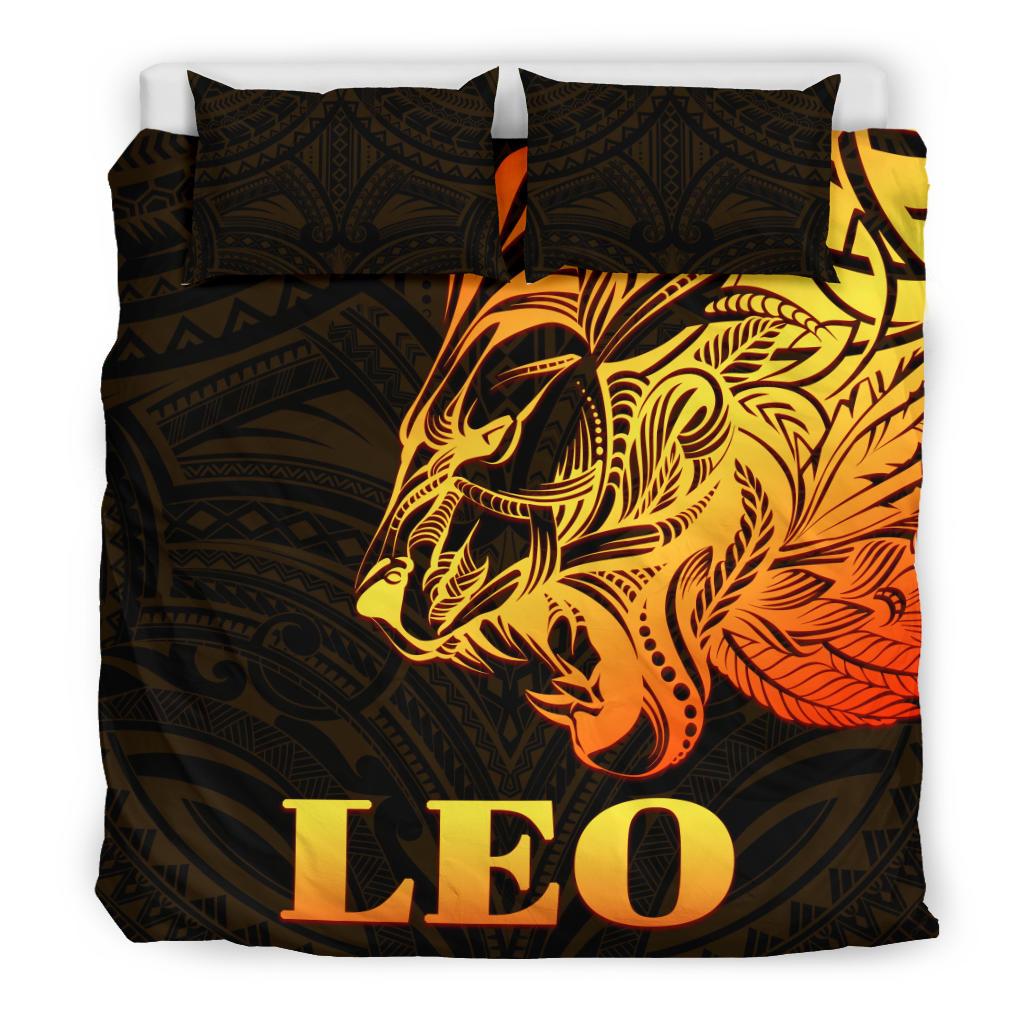 Sun In Leo Zodiac Bedding Set Polynesian Tattoo Simple - Orange Black - Vibe Hoodie Shop