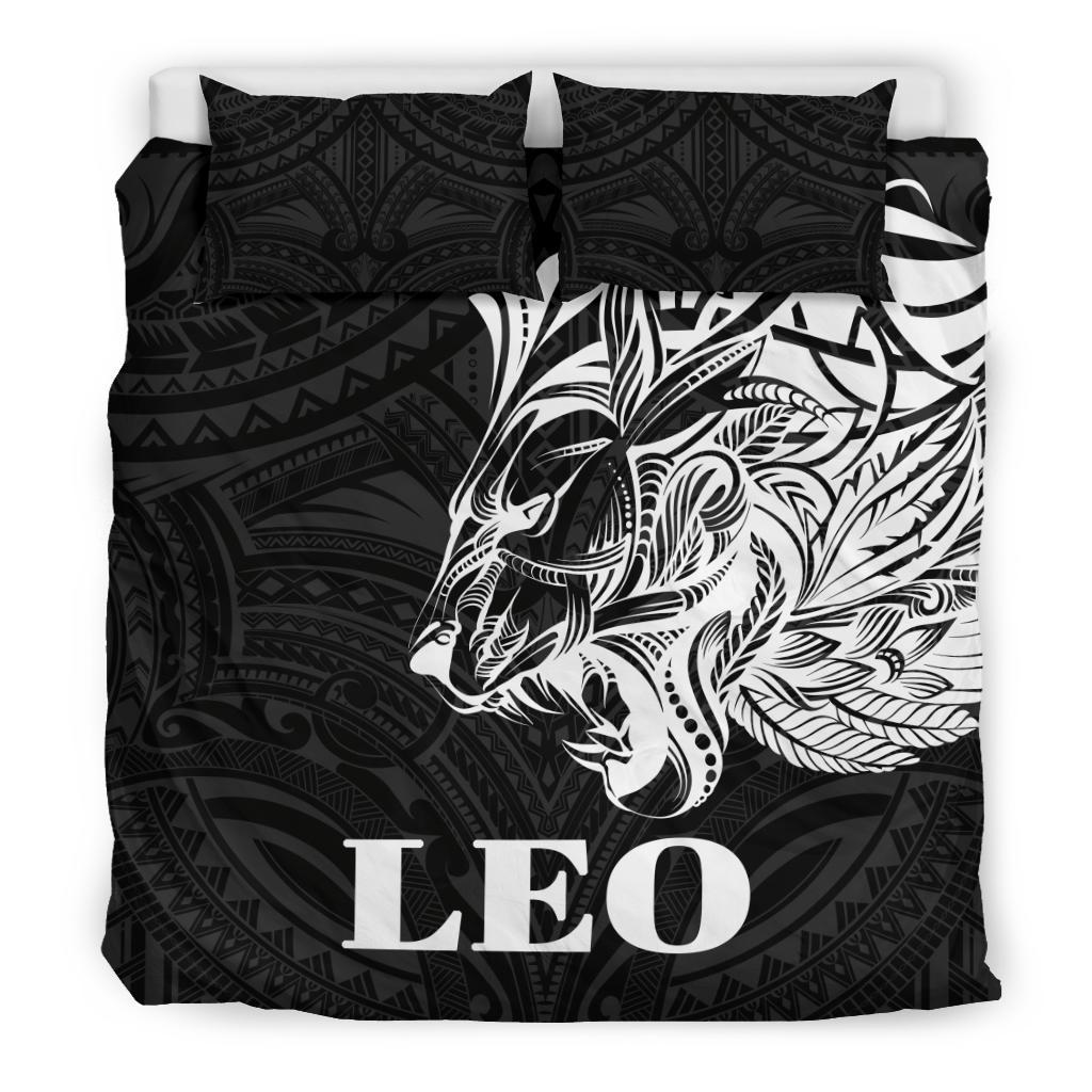 Sun In Leo Zodiac Bedding Set Polynesian Tattoo Simple - White - Vibe Hoodie Shop