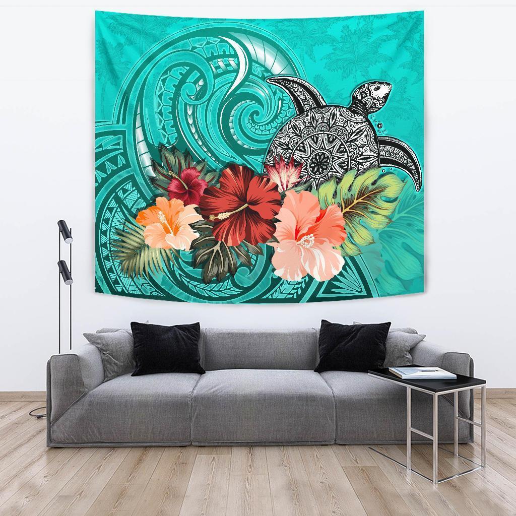 Turtle Polynesian Tapestry Hibiscus Polynesian Turquoise - Vibe Hoodie Shop