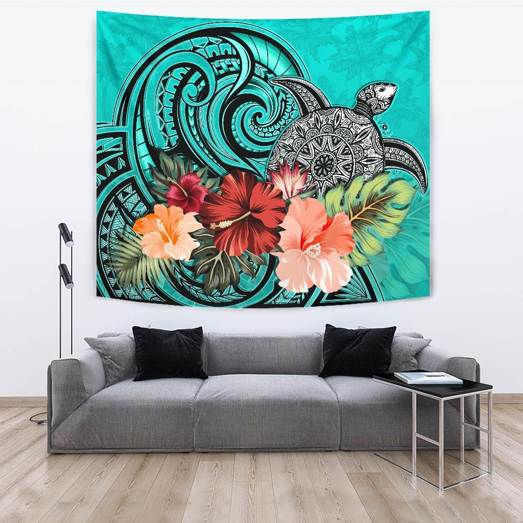 Turtle Tapestry Hibiscus Polynesian Turquoise - Vibe Hoodie Shop