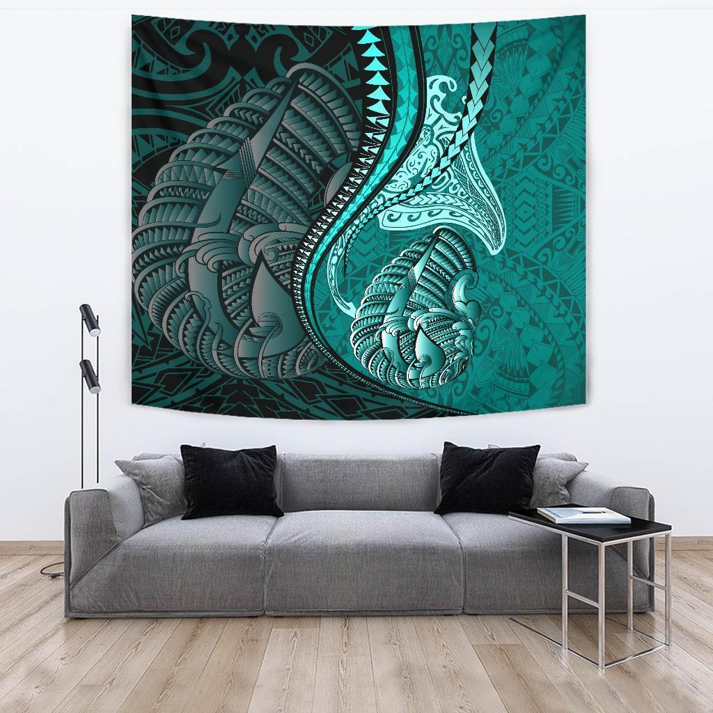 Fish Hook Polynesian Tapestry Manta Polynesian Turquoise - Vibe Hoodie Shop