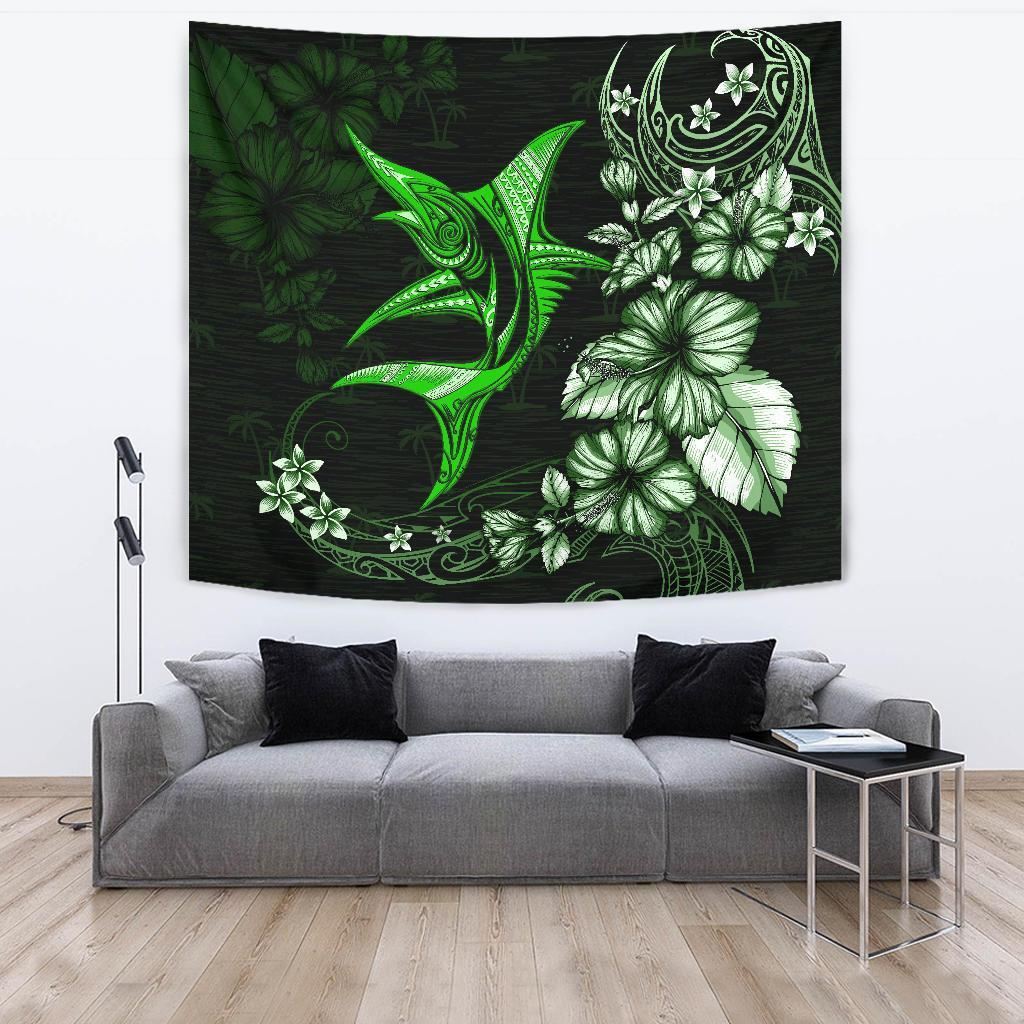 Marlin Polynesian Tapestry Hibiscus Polynesian Green - Vibe Hoodie Shop