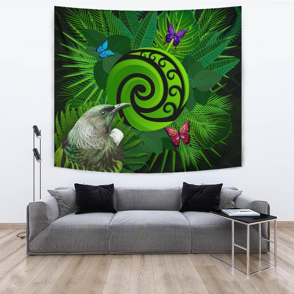 New Zealand Tapestry Koru Fern Mix Tui Bird - Tropical Floral - Vibe Hoodie Shop