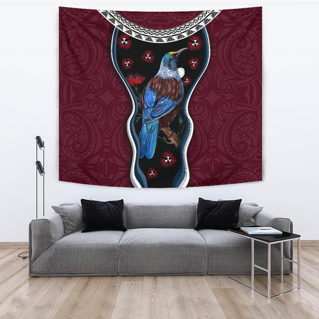 New Zealand Tui Bird Tapestry, Pohutukawa - Burgundy - Vibe Hoodie Shop