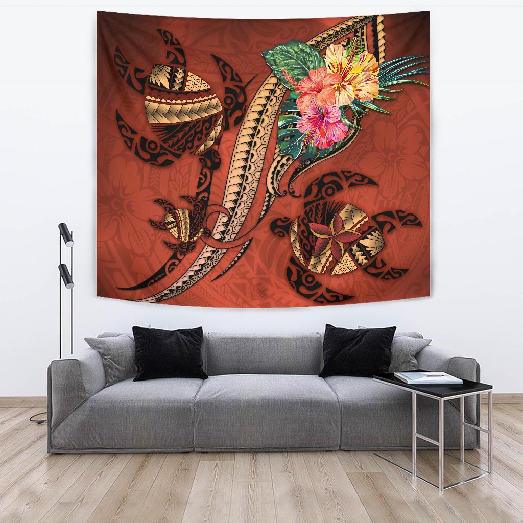 Polynesian Turtle Tapestry - Tribal Tattoo with Hibiscus Coral - Vibe Hoodie Shop