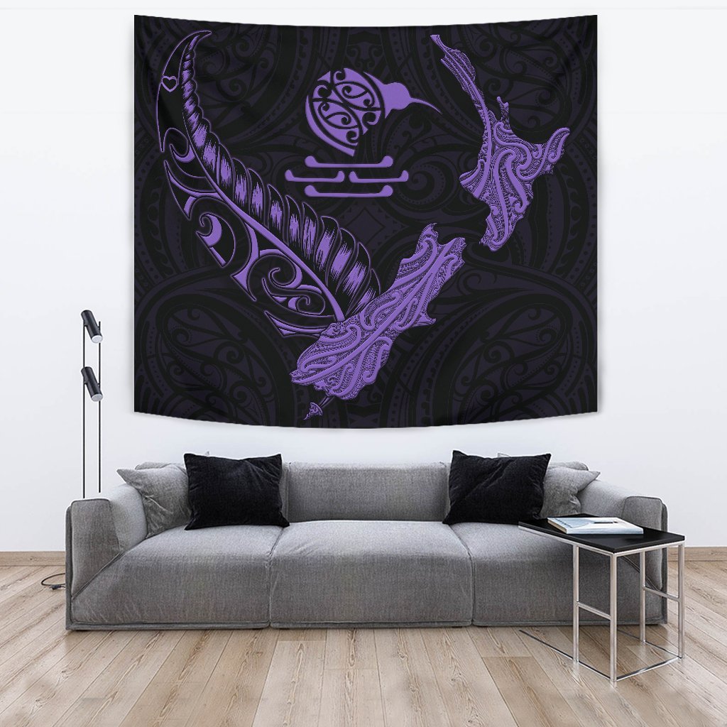 New Zealand Heart Tapestry - Map Kiwi mix Silver Fern Pastel Purple - Vibe Hoodie Shop