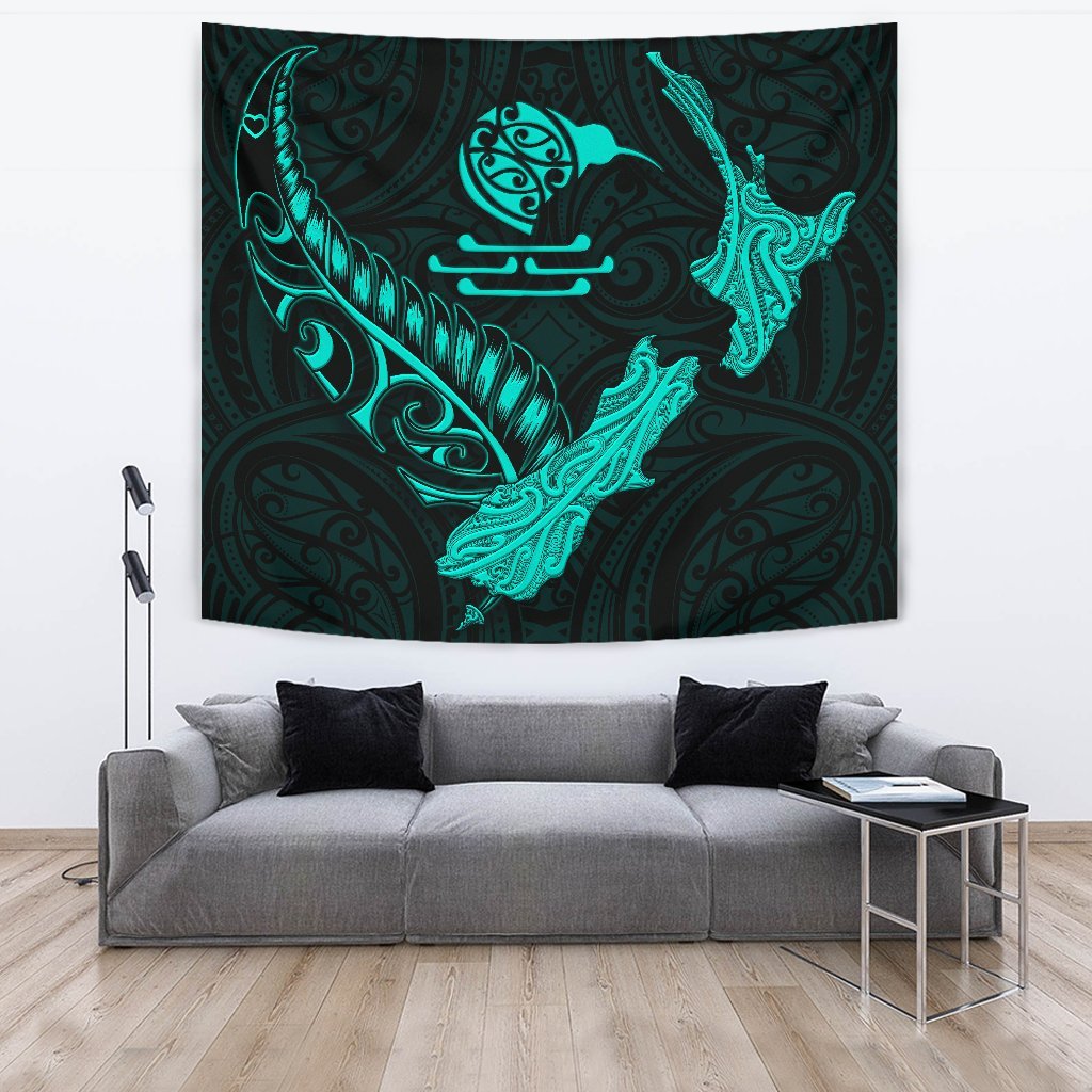 New Zealand Heart Tapestry - Map Kiwi mix Silver Fern Turquoise - Vibe Hoodie Shop